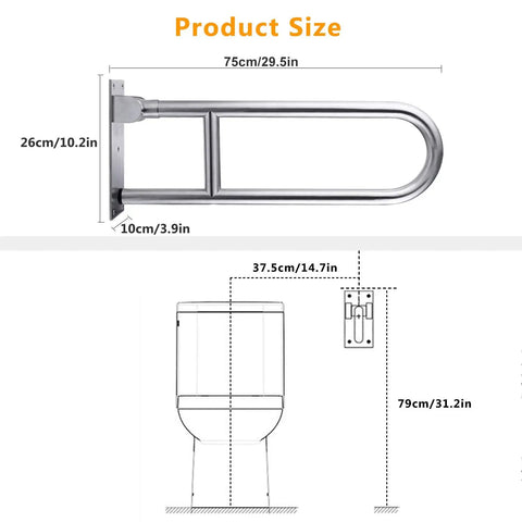 29.5 Inch Stainless Steel Toilet Grab Bar For Bathroom Safety And Accessibility, Heavy Duty Handicap Rail Support Up To 300 Lb, Ideal For Elderly Bariatric Disabled Commode, Shower Aid, No-Slip U-Shaped Hand Rails And Grips, shown with dimensions and toilet illustration.