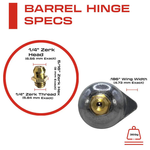 Heavy Duty Weldable Bullet Hinge Measures 6 Point 24 Inches By 0.979 Wide with Zerk fitting specs and wing width.