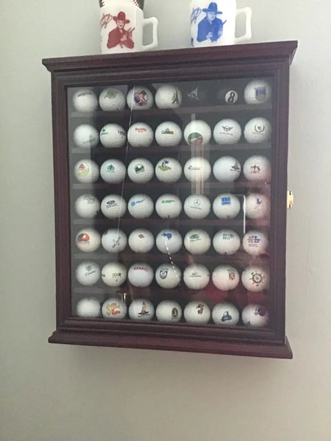 49 Ball Golf Ball Display Case Cabinet Wall Rack Holder Frame With 98 Percent UV Protection Acrylic Door Lockable Cherry Finish