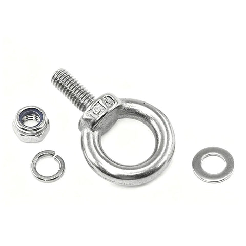 Beefed Up 304 Stainless Steel Eye Bolt For Heavy Duty Rigging, Built To Withstand Abrasion And Rust, Ideal For Outdoor And Indoor Use, High Strength Hardware For Lifting, Securing Cables, Tie Downs, And Gear, with nut, washer, and lock washer