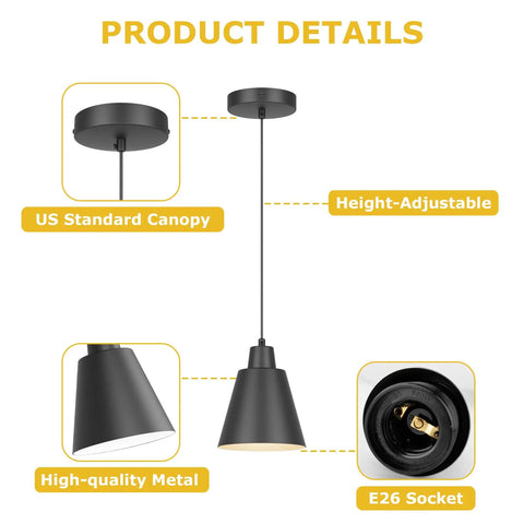 Top Tier Matte Black 3 Pack Pendant Lights For Kitchen Island Heavy Duty Metal Hanging Lamps With No Sweat Adjustable Wiring And Rust Proof Slick Finish showing height-adjustable design with E26 socket.