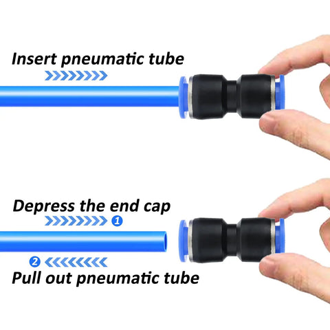 Hands demonstrating connection of 100 Ft 6mm ID 4mm OD Polyurethane Air Hose Ultra Flexible Pneumatic Tubing Blue For Air Tools And Compressors Go To Workhorse