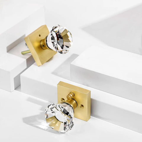 Square Glass Diamond Knob Set With Lock For Bedroom And Bathroom Privacy, Satin Brass Gold Finish Door Handles