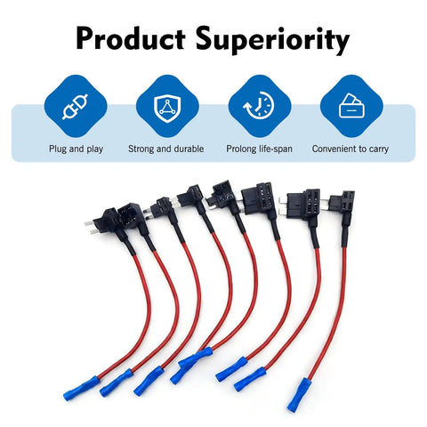 Tailgate Ready 8 Pack Car Fuse Tap Adapters For 12 Volt Electrical Systems with red wires and blue connectors.