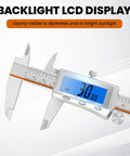 6 Inch Digital Caliper With Rechargeable Battery And Large Backlit LCD For Ultra Precise Measurements In Inches Millimeters And Fractions, Type C Charge, No More Battery Replacements, The Go To Tool For 3D Printing Woodworking And DIY. Backlit LCD shows 30.00 mm