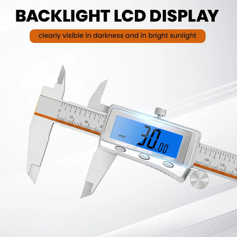 6 Inch Digital Caliper With Rechargeable Battery And Large Backlit LCD For Ultra Precise Measurements In Inches Millimeters And Fractions, Type C Charge, No More Battery Replacements, The Go To Tool For 3D Printing Woodworking And DIY. Backlit LCD shows 30.00 mm