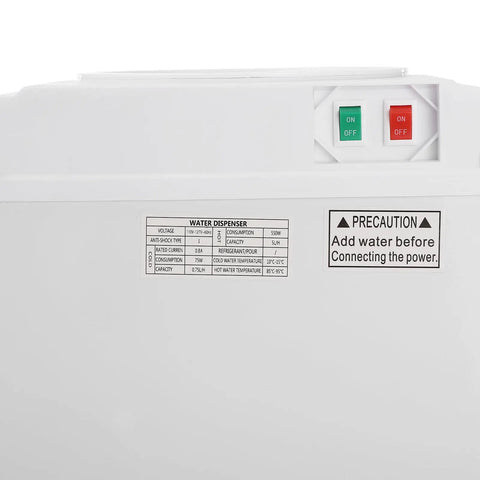Hot Cold Water Dispenser With Warm Setting, Three Temperature Modes, power switches, caution label