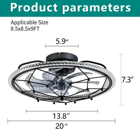 AMZSTAN 20" Caged Ceiling Fan with Light and Remote, 6-Speed Reversible Farmhouse Ceiling Fan dimensions displayed.