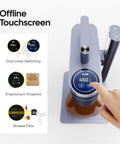 User interacting with touchscreen of Dual Laser Engraver Machine, 10W Diode Plus 2W IR, Ultra Fast 4000mm/s Handheld