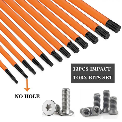 13-Piece Torx Bit Set For Impact Driver S2 Steel Magnetic Bits With Quarter Inch Hex Shank CNC Machined Tips T5 Through T40 Durable Star Bits For Fast Reliable Driving in display with closeup view.