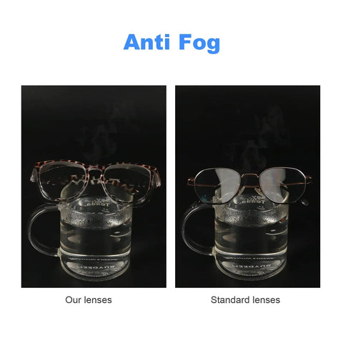 Comparison of stylish safety glasses with side shields for women and girls anti fog protective eyewear on steamy mug versus standard lenses.