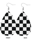 Black And White Checkerboard Teardrop Leather Earrings For Women, Faux PVC Silver Plated Hooks, front and back views of the earrings.