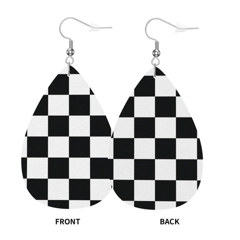 Black And White Checkerboard Teardrop Leather Earrings For Women, Faux PVC Silver Plated Hooks, front and back views of the earrings.