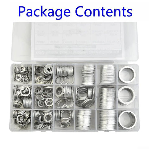 Package contents of Ultimate 450Piece Aluminum Oil Drain Gasket Kit With 18 Sizes From 6mm To 24mm For Any Vehicle Maintenance Job And Superior Wear Resistant Seals You Can Trust, assorted washers in case