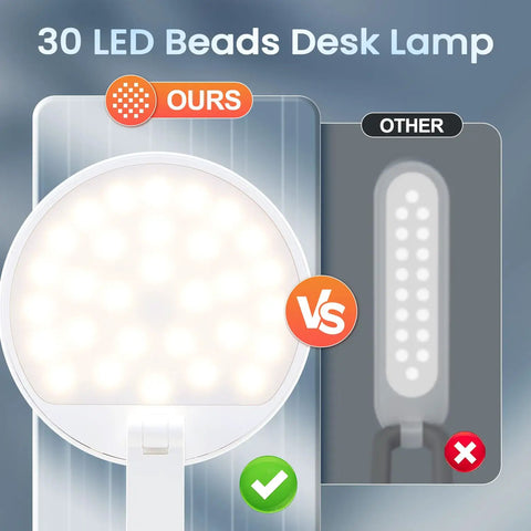 Comparison of 30 LED beads desk lamp vs other, highlighting cordless desk lamp with 3600mAh rechargeable battery, dimmable feature