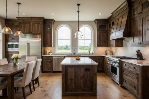 Durable As Nails Reactive Water Based Wood Stain Lays Down A Knockout Warm Brown Finish For Barn Siding Ranch Beams And Deck Projects VOC Free Low Odor Heavy Duty Plus applied to rustic kitchen cabinetry with a wood dining table.