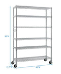 Badass 82 Inch 6 Tier Rolling Wire Shelving Cart With Heavy Duty Carbon Steel Base Adjustable, 82H x 46W x 17.7D inches.