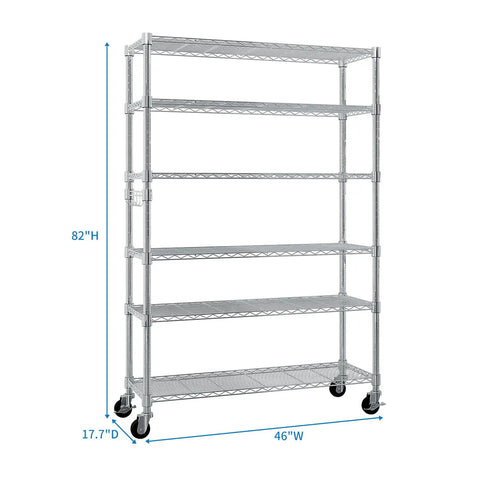 Badass 82 Inch 6 Tier Rolling Wire Shelving Cart With Heavy Duty Carbon Steel Base Adjustable, 82H x 46W x 17.7D inches.