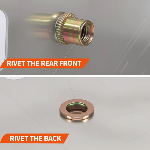 Complete Rivet Nut Kit With Five Hundred Ten Pieces SAE And Metric Galvanized Carbon Steel Flat Head Threaded Rivets shown installed