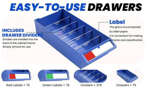 Alloy Steel 75 Drawer Parts Cabinet Organizer With ABS Drawers for heavy duty hardware storage and easy label system.