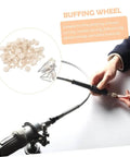 Person holding drill with wool polishing wheel from the 120 Pcs Wool Polishing Wheels Set With Arbor Shank Buffing Pads Kit For Drill Polisher.