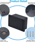 Rugged Abs Black IP67 Waterproof Junction Box With Pre Installed Gasket Mounting Ears And Cable Glands For Outdoor Diy Electronics Projects And Kick Butt Weather Shield Enclosure 4.5 X 3.5 X 2.2 Inches detail with mounting holes and copper nuts.