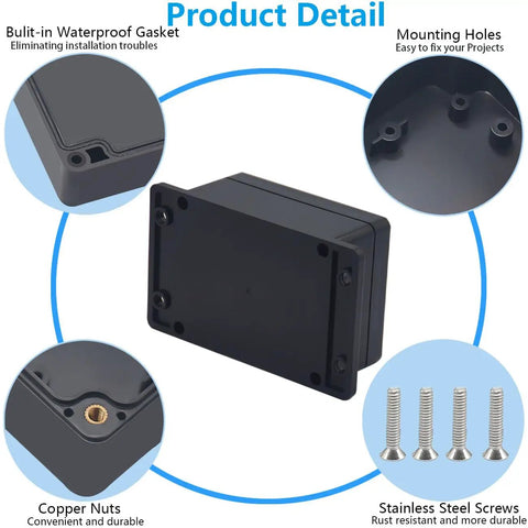 Rugged Abs Black IP67 Waterproof Junction Box With Pre Installed Gasket Mounting Ears And Cable Glands For Outdoor Diy Electronics Projects And Kick Butt Weather Shield Enclosure 4.5 X 3.5 X 2.2 Inches detail with mounting holes and copper nuts.