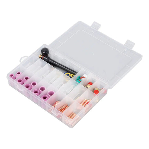 Premium TIG Welding Torch Kit With Gas Lens Type 10 Glass Ceramic Cup And Copper Accessories Designed For WP17 WP18 WP26 Argon Arc Guns in organized storage box.