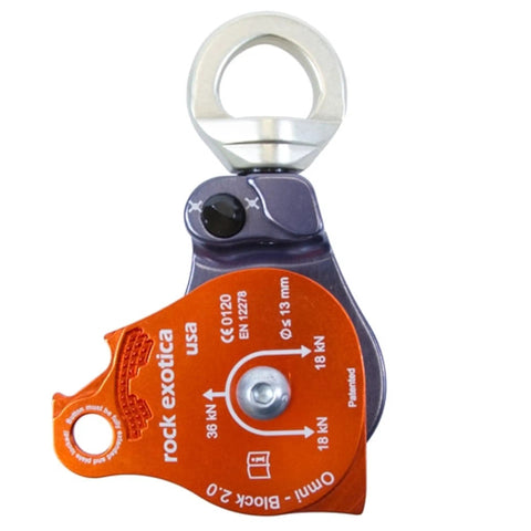 Omni-Block 2.0 Orange Swivel Pulley For Climbing And Rigging Systems, close-up of orange pulley showing specifications and logo.