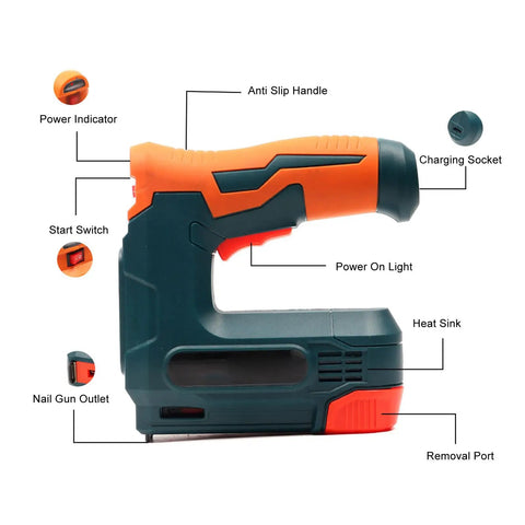 Shop Grade Cordless Brad Nailer Wireless Nail Gun With USB Charging showing features like anti-slip handle and power indicator.