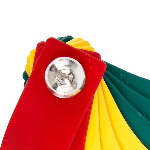 Close-up of color-coded Brake Pad Thickness Gauge Tool Set Of 8 for Quick Brake Lining Check with visible fastener.