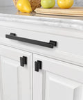 Matte Black Cabinet Pulls 6 Pack With 7 Inch Hole Centers For Kitchen Cabinets Cupboards Drawer Pulls And Hardware That Are Easy To Install And Built To Last shown on white cabinets.