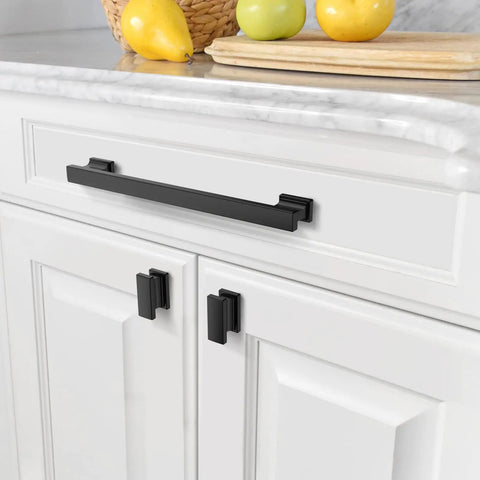 Matte Black Cabinet Pulls 6 Pack With 7 Inch Hole Centers For Kitchen Cabinets Cupboards Drawer Pulls And Hardware That Are Easy To Install And Built To Last shown on white cabinets.