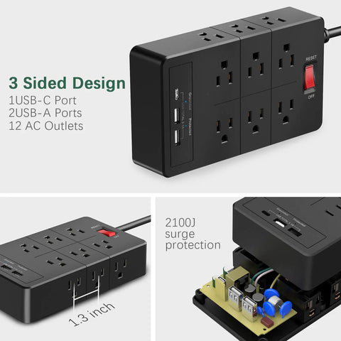 Heavy Duty Power Strip With USB C And Two USB A Ports, 12 AC Outlets, 6 Ft Long Extension Cord, Overload Surge Protector