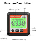 Badass Magnetic Digital Angle Gauge With Crisp Backlit Screen For Tough JobSites No Sweat Precision Inclinometer displaying functions.