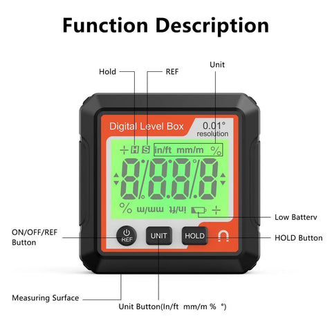 Badass Magnetic Digital Angle Gauge With Crisp Backlit Screen For Tough JobSites No Sweat Precision Inclinometer displaying functions.