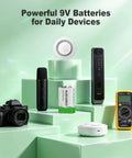 Heavy Duty 9 Volt Alkaline Batteries 8 Pack With Ten Year Shelf Life Leak Proof Design Solid Reliable Power Keep Your Smoke Alarms Guitar Pedals And Microphones Running Smooth on display with devices.