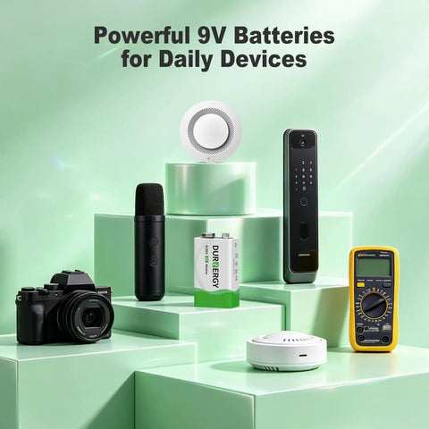 Heavy Duty 9 Volt Alkaline Batteries 8 Pack With Ten Year Shelf Life Leak Proof Design Solid Reliable Power Keep Your Smoke Alarms Guitar Pedals And Microphones Running Smooth on display with devices.