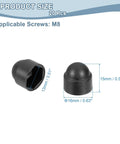 20 Pack Black Plastic M8 Hex Nut Caps, Dome Acorn Bolt Covers, showing size and shape, 13mm top rim, 15mm height.