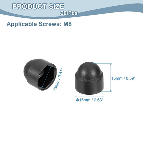20 Pack Black Plastic M8 Hex Nut Caps, Dome Acorn Bolt Covers, showing size and shape, 13mm top rim, 15mm height.