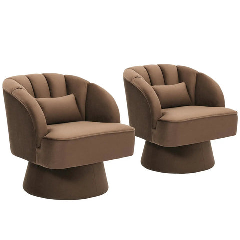 Cozy 360 Degree Swivel Barrel Accent Chair Set With Armrests Brown Modern Curved Back Upholstered Lounge Chairs For Living Room Or Bedroom Chill Reading Nook Two Piece