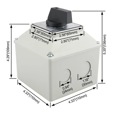 Universal Rotary Changeover Switch 30A-32A, 3-Position On Off On Latching with dual rotor box and 8-terminals, front view