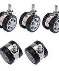 Five Pack Heavy Duty Office Chair Wheel Replacement Silent Swivel Polyurethane Casters with silver and black design.