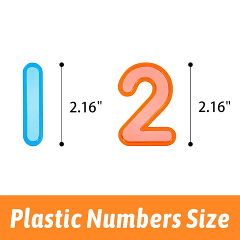 Blue and orange numbers from 48 Pieces Plastic Numbers And Symbols Early Math Set For Light Table Manipulatives with size labels