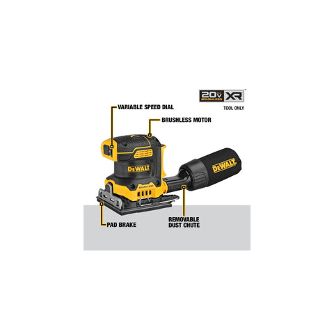 20V Max XR Brushless Cordless One Quarter Sheet Variable Speed Sander Tool Only, 8,000 to 14,000 OPM, low profile design, details labeled