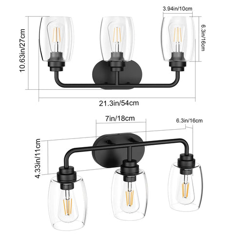 Three Light Black Vanity Light Fixtures Over Mirror With Clear Glass Shades, Industrial Modern Bathroom Lighting dimensions