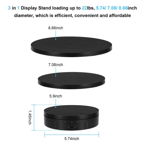 Electric Rotating Display Stand With Rechargeable Battery, Motorized Turntable For Live Streaming Video Shoot Photography, 3 In 1 platform sizes 5.74, 7.08, 8.66 inches.