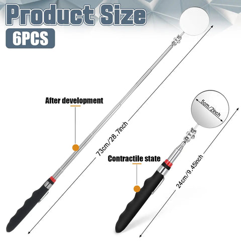 Six Piece Telescoping Inspection Mirrors Set With 360 Degree Rotation, Flexible Circular Mirrors, Extended Handle To 29 Inches, Grab And Go For Vehicle Checks And Hard To Reach Areas displayed in extended and retracted states.
