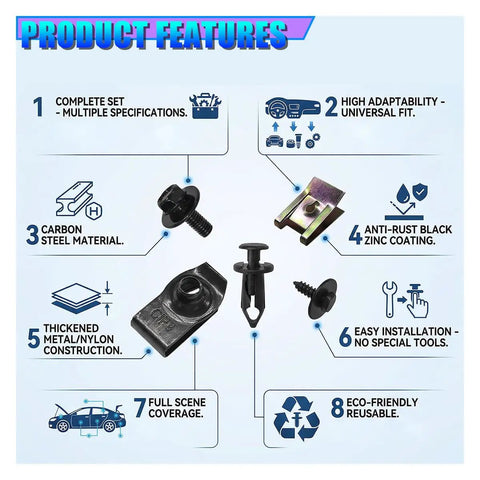 Product features of 100Pcs Universal Car Body Screws And Bolts Assortment Kit With Plastic Rivet U Clamps showing specifications and materials.
