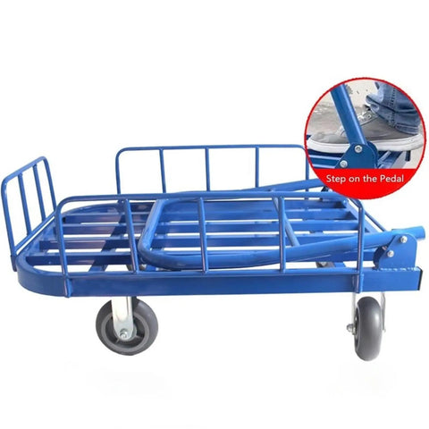 Rugged Heavy Duty Folding Flatbed Cart With Guardrail Enclosure And Beefy Steel Frame For Easy Hauling At The Jobsite, Garage, Or Warehouse, Smooth Rolling Wheels, 60x90x88 CM, blue steel side view